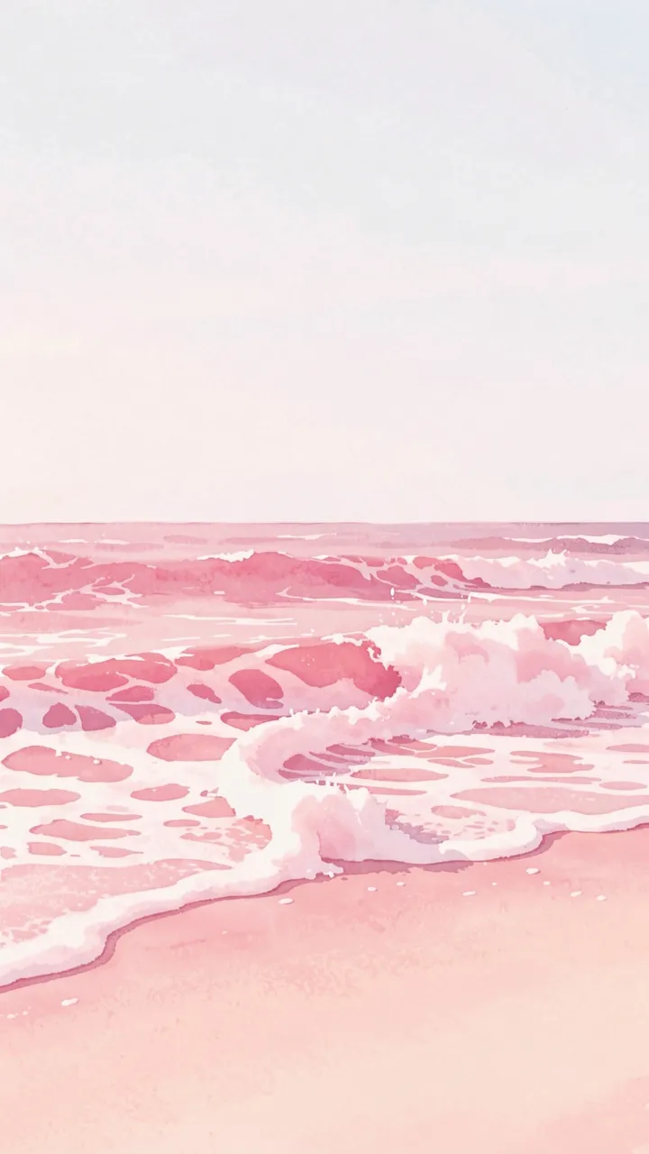 Soft pink watercolor illustration of gentle sea foam curling onto a blush beach under a pale sky