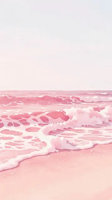 Soft pink watercolor illustration of gentle sea foam curling onto a blush beach under a pale sky