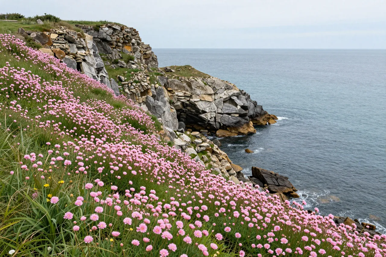 Rocky coastal cliffs covered in dense pink wildflowers rise above a calm gray-blue sea under an overcast sky