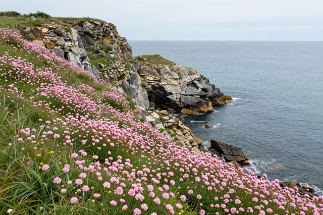Rocky coastal cliffs covered in dense pink wildflowers rise above a calm gray-blue sea under an overcast sky