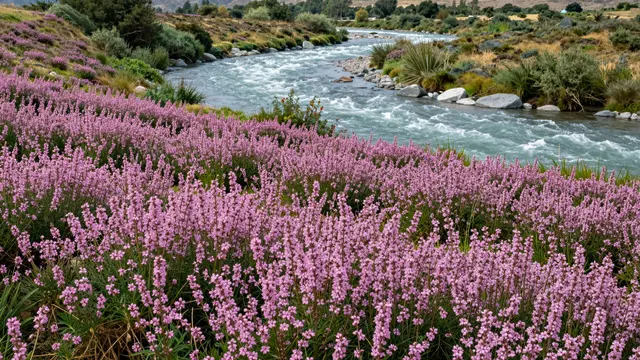 Dense pink willowherb covers a high meadow beside a fast flowing braided glacial river