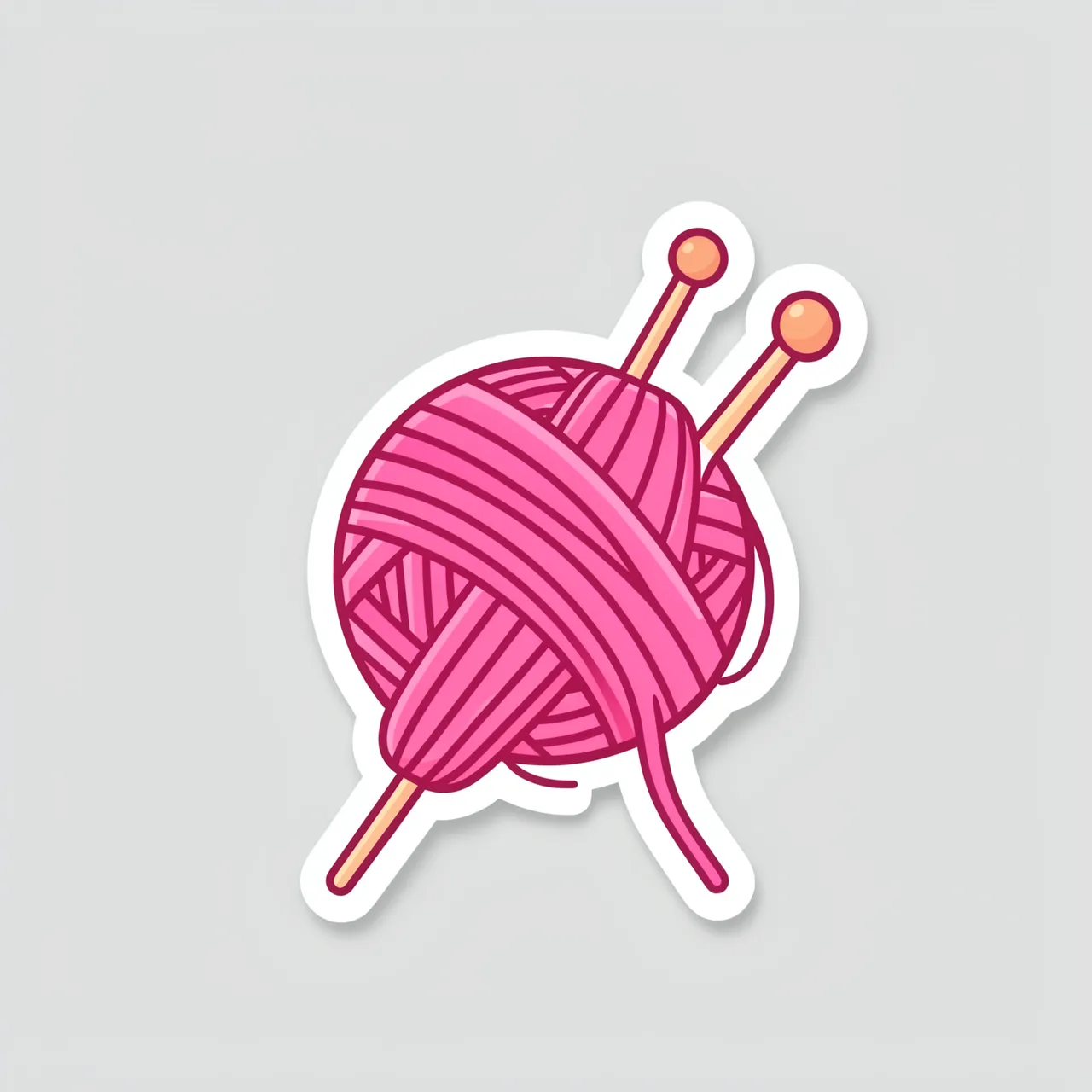 Die cut sticker illustration of a pink yarn skein with three knitting needles on a light gray background