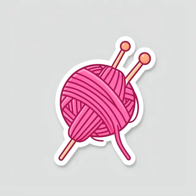 Die cut sticker illustration of a pink yarn skein with three knitting needles on a light gray background