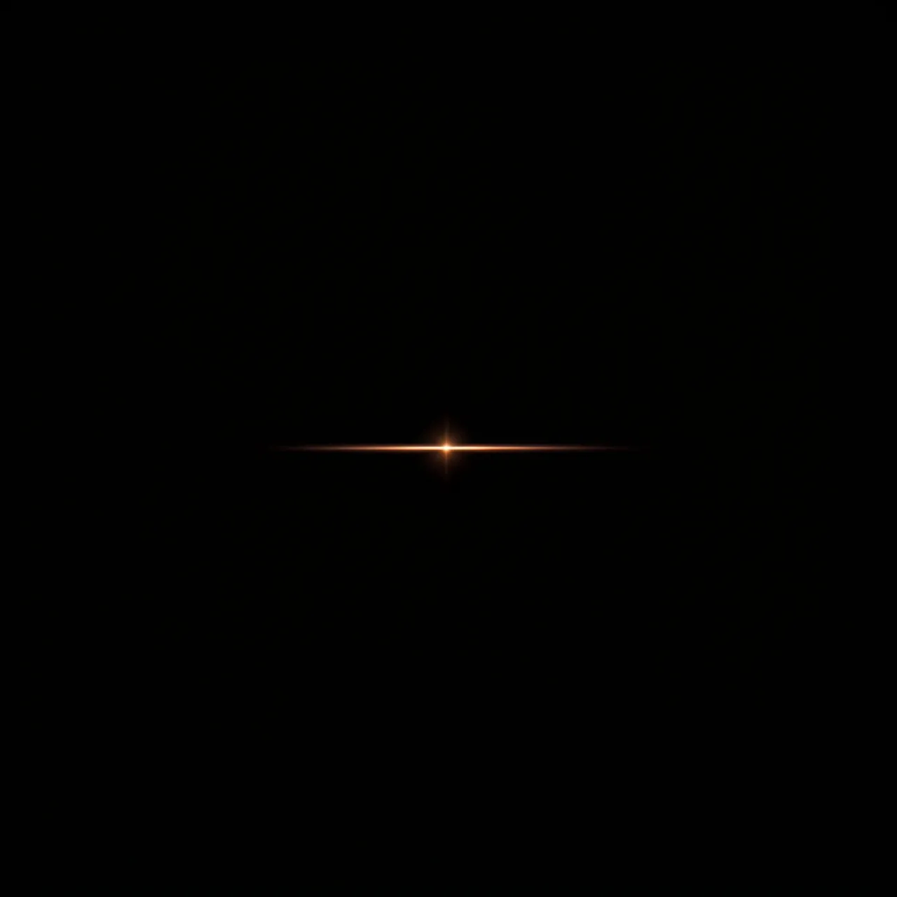 A tiny warm pinpoint flare with a thin horizontal light line sits against a solid pure black background