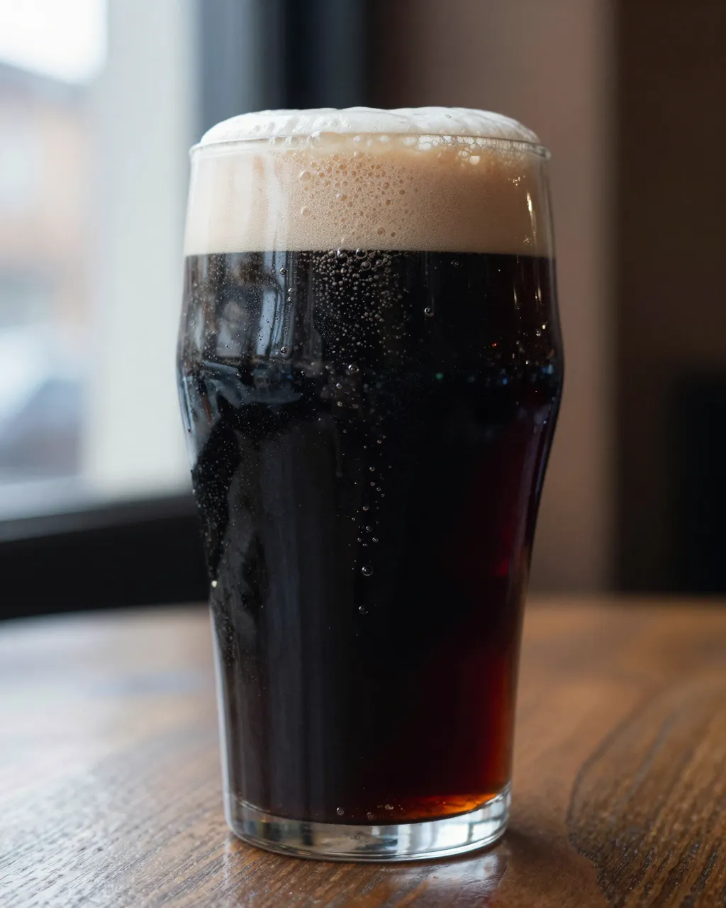 A glass of dark stout with rising bubbles and a creamy head sits on a wooden pub table near a window.