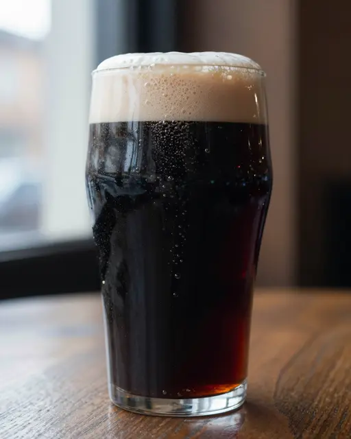 A glass of dark stout with rising bubbles and a creamy head sits on a wooden pub table near a window.