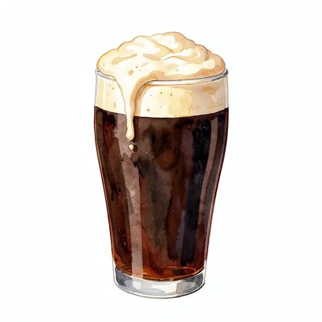 Watercolor illustration of a glass pint of stout topped with overflowing creamy foam on a plain white background