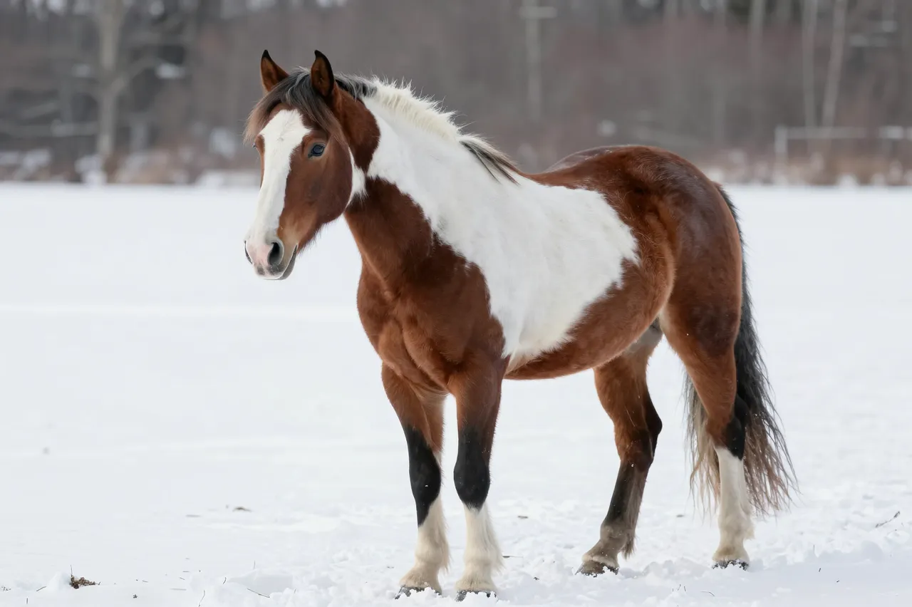A brown and white pinto horse with a wide blaze stands still in an open snowy winter field