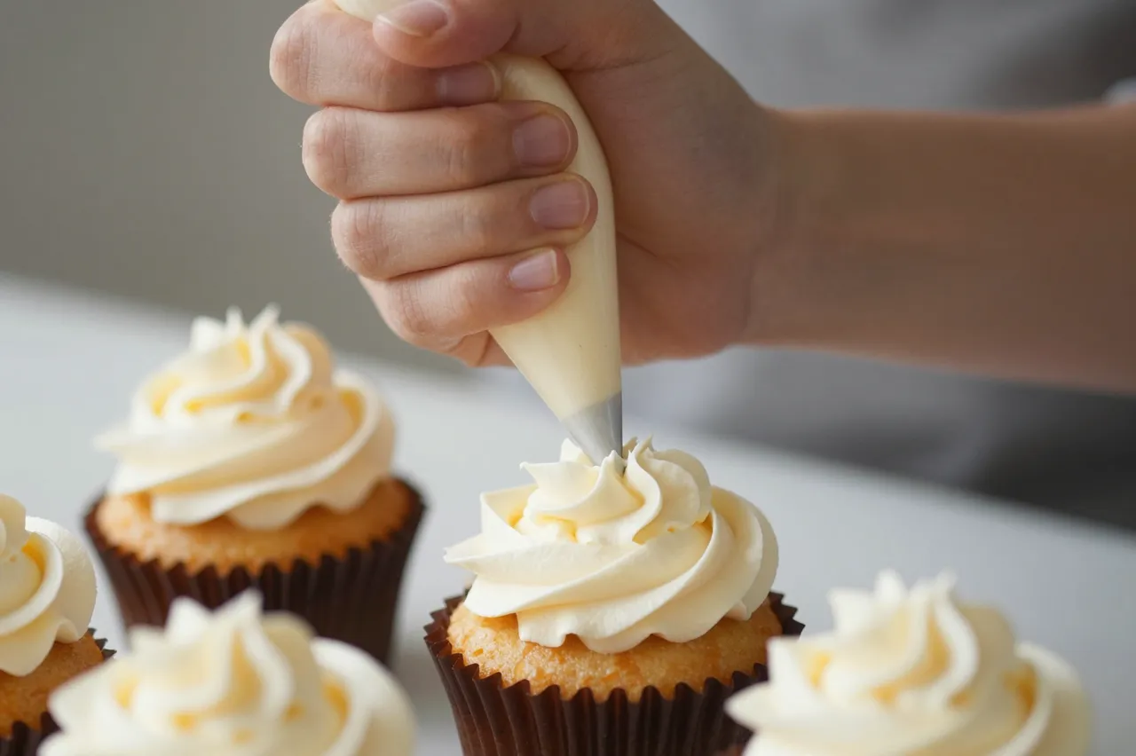 A person uses a piping bag to add swirls of cream frosting to vanilla cupcakes in brown liners.
