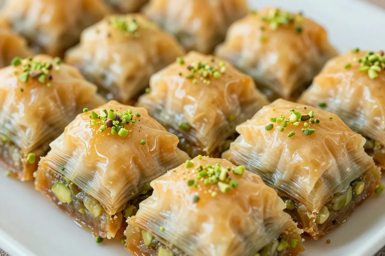 Close-up of glossy honey-drenched pistachio baklava pieces arranged on a plain white plate