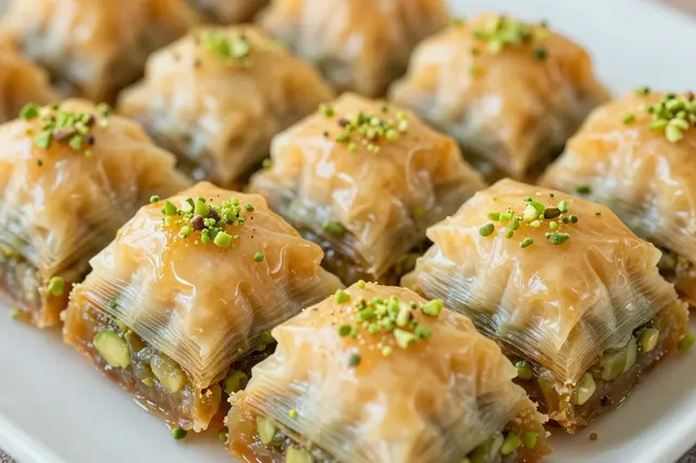Close-up of glossy honey-drenched pistachio baklava pieces arranged on a plain white plate