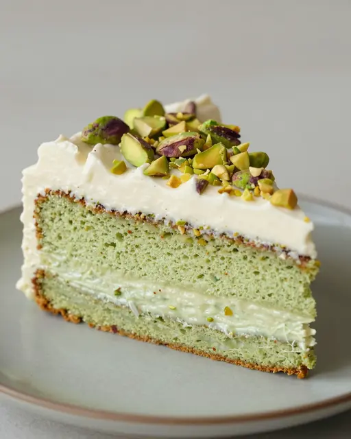 A layered pistachio cake slice with cream frosting and pistachio toppings rests on a light gray plate