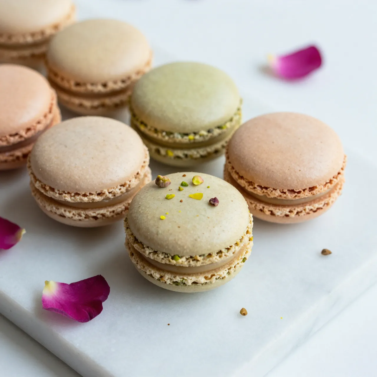 Assorted pistachio and rose flavored macarons arranged with rose petals on a white marble slab