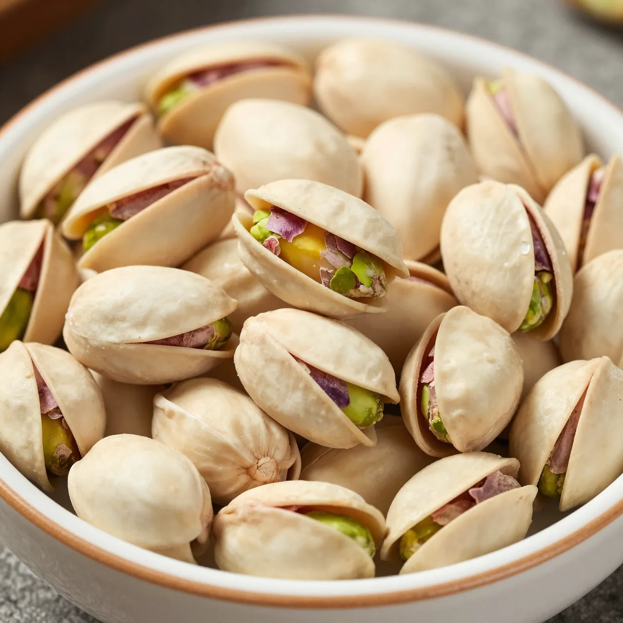 Close up of shelled and partially opened pistachios piled in a white ceramic bowl with a thin brown rim
