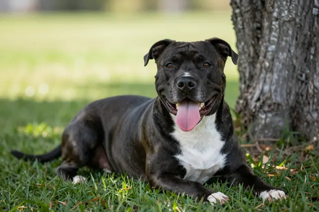 Black pit bull terrier with a white chest rests on grass next to a tree, panting with its tongue out.