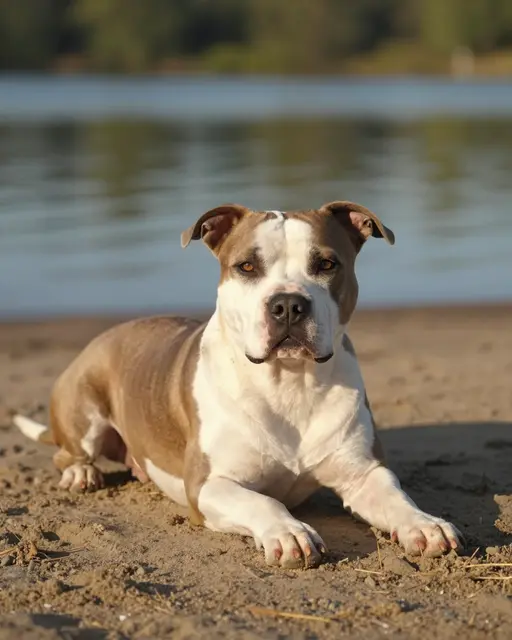 A fawn and white pit bull terrier lies calmly on a sandy lakeshore in warm golden hour light
