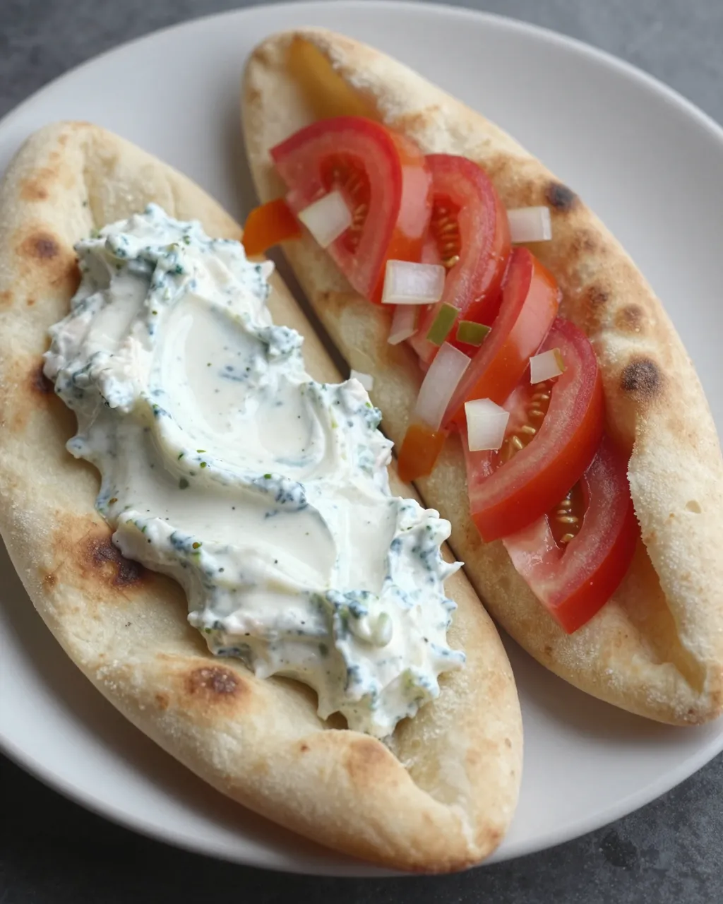 Two warm pita breads, one topped with herb tzatziki and one with sliced tomato and onion, sit on a white plate