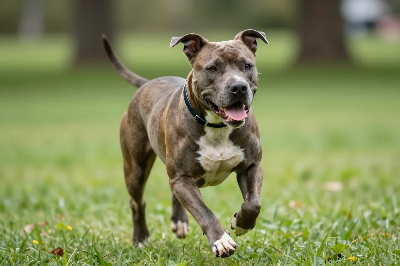 A brindle pitbull with a white chest runs toward the camera across a lush green park lawn