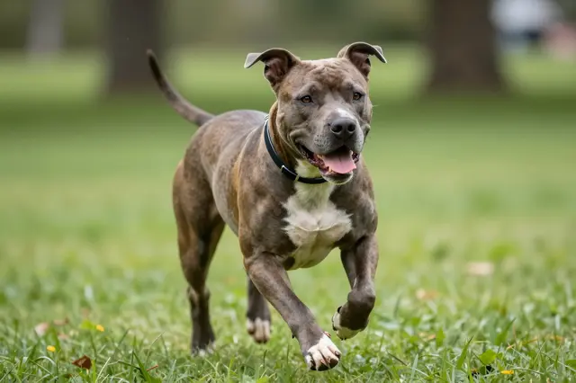 A brindle pitbull with a white chest runs toward the camera across a lush green park lawn