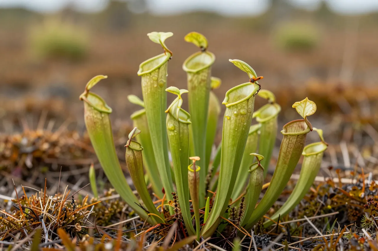 Cluster of carnivorous pitcher plants rising from moist sphagnum bog vegetation