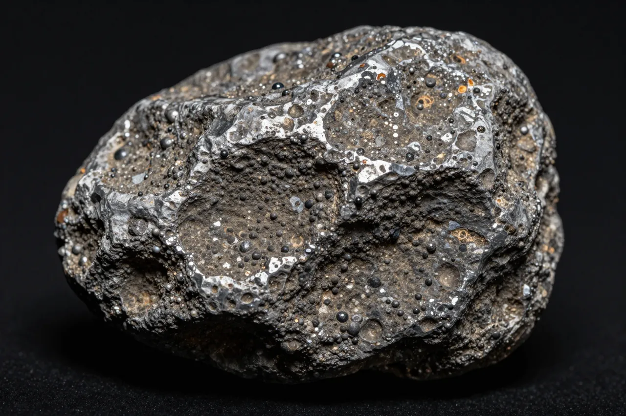A close-up of a pitted, textured iron meteorite resting against a solid black background
