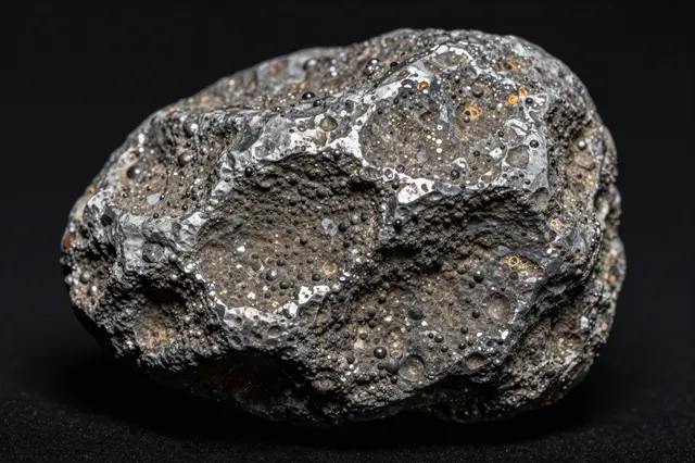 A close-up of a pitted, textured iron meteorite resting against a solid black background