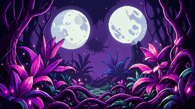 16-bit pixel art alien jungle scene with glowing purple plants, twisting vines, and two pale moons in the night sky