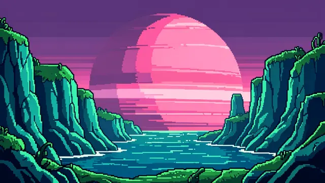 Retro 16-bit pixel art of teal cliff shoreline with a large pink gas giant hanging over the horizon