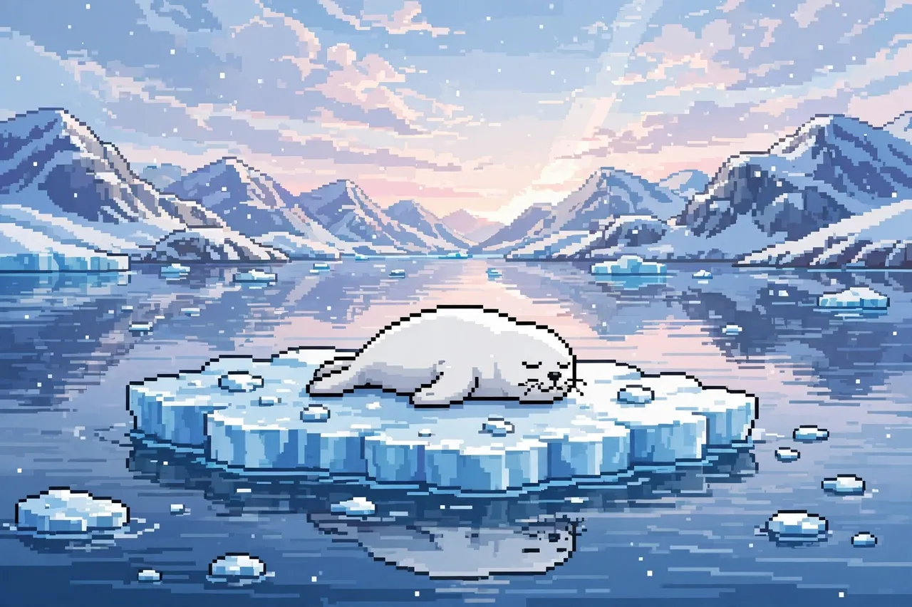 A pixel art white seal rests asleep on an ice floe in a calm arctic bay at soft sunrise