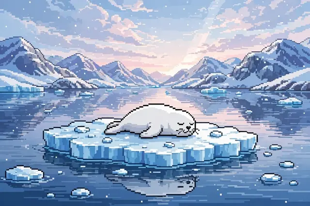 A pixel art white seal rests asleep on an ice floe in a calm arctic bay at soft sunrise