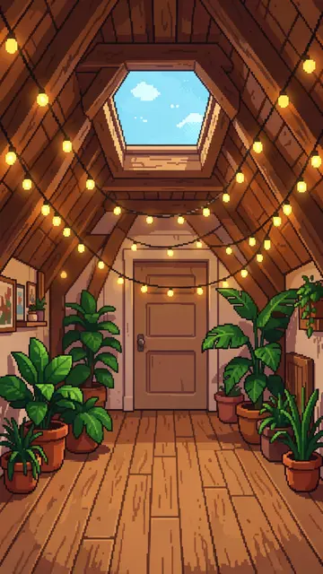 Retro pixel art attic room with a skylight, string fairy lights, and potted houseplants lining the wooden floor