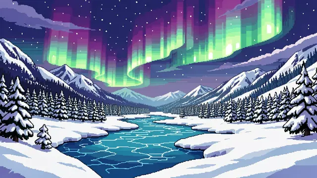 Retro 16-bit pixel art of northern lights glowing over a snowy mountain valley with a partially frozen river