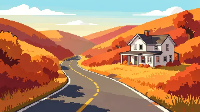 Winding country road leads to a white farmhouse nestled in vibrant orange fall hills under a bright afternoon sky