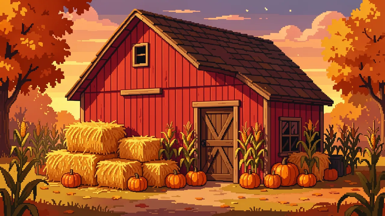 16-bit pixel art red barn surrounded by hay bales, pumpkins, corn stalks, and fall trees at sunset