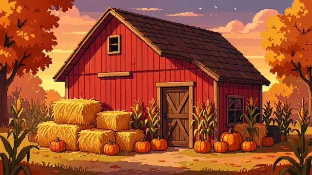 16-bit pixel art red barn surrounded by hay bales, pumpkins, corn stalks, and fall trees at sunset