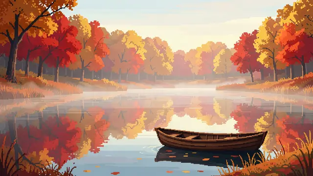 Retro 16-bit pixel art of a wooden rowboat on a misty fall lake surrounded by red and gold trees