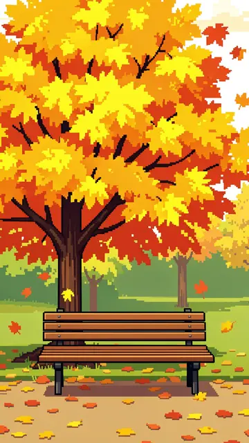 16-bit pixel art of an empty wooden park bench under a golden maple tree with falling fall leaves scattered across the ground