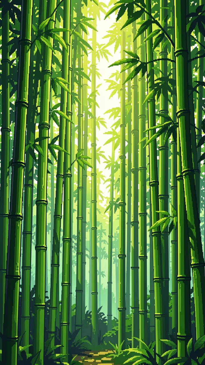 Retro 16-bit pixel art of a dense bamboo forest with sunlight filtering through tall green stalks