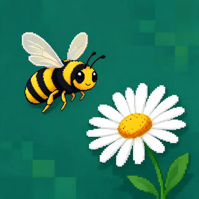 Cute retro pixel art bee hovers beside a white daisy on a solid green background