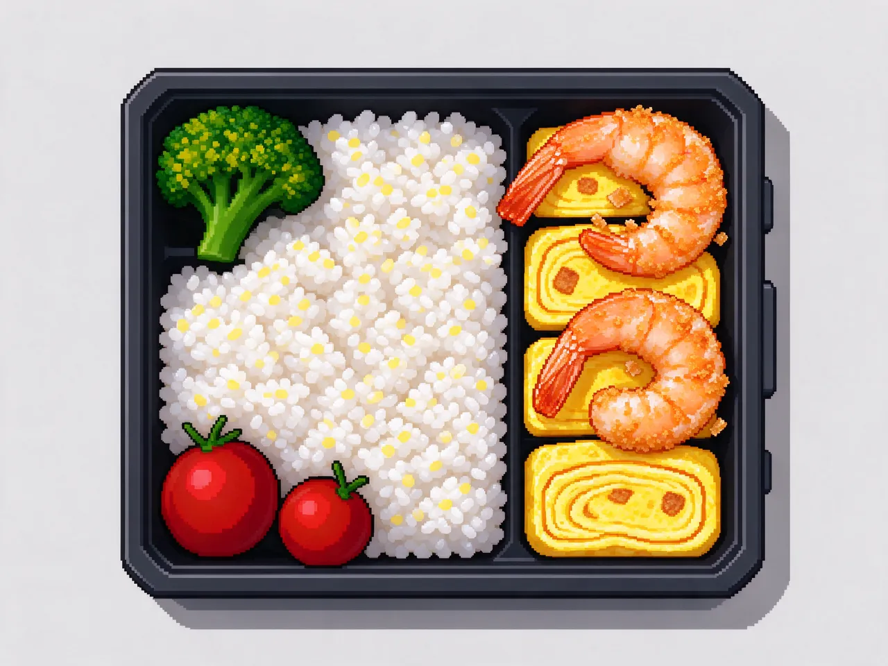 Top view retro 16-bit pixel art bento box filled with rice, omelet, shrimp, broccoli and cherry tomatoes