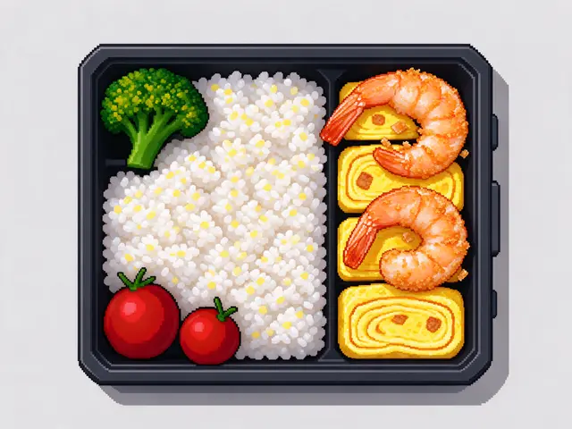 Top view retro 16-bit pixel art bento box filled with rice, omelet, shrimp, broccoli and cherry tomatoes