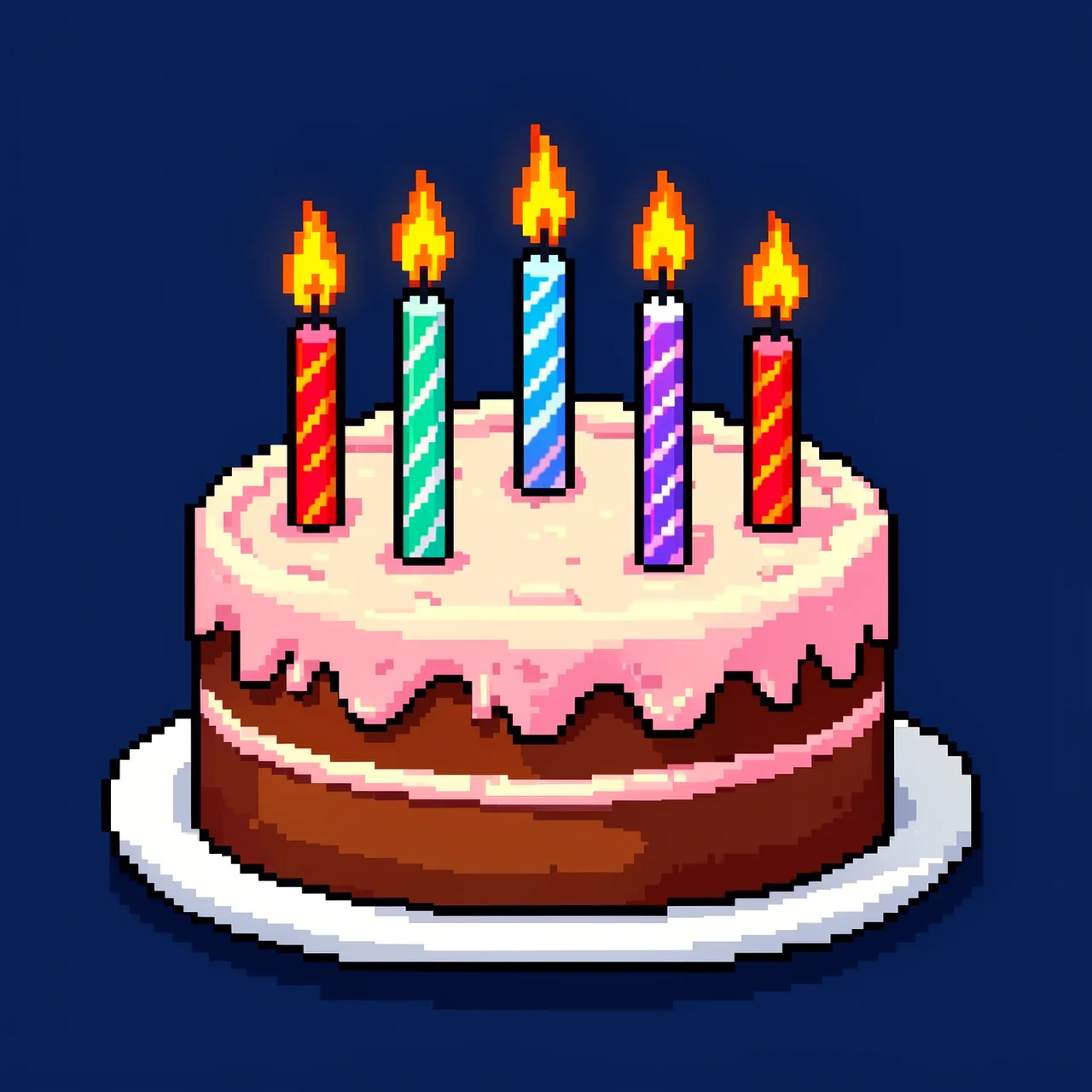 Retro 16-bit pixel art illustration of a birthday cake with lit striped candles on a dark blue background
