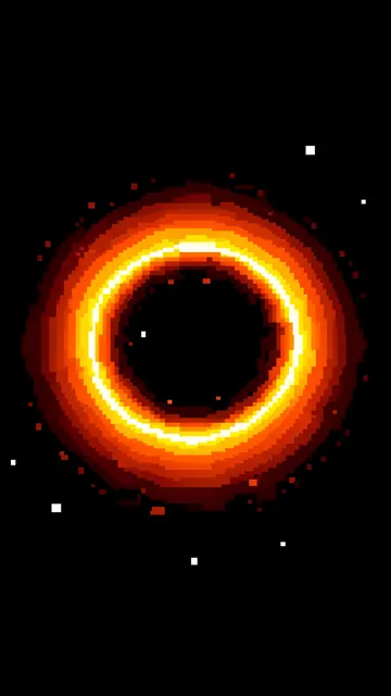 Retro 16-bit vertical pixel art of a black hole with a glowing orange accretion ring against a starry black space background