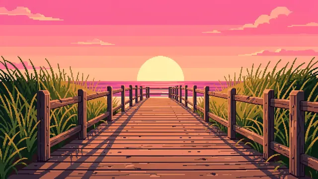 16-bit pixel art of a wooden beach boardwalk leading to the ocean under a pink sunset sky