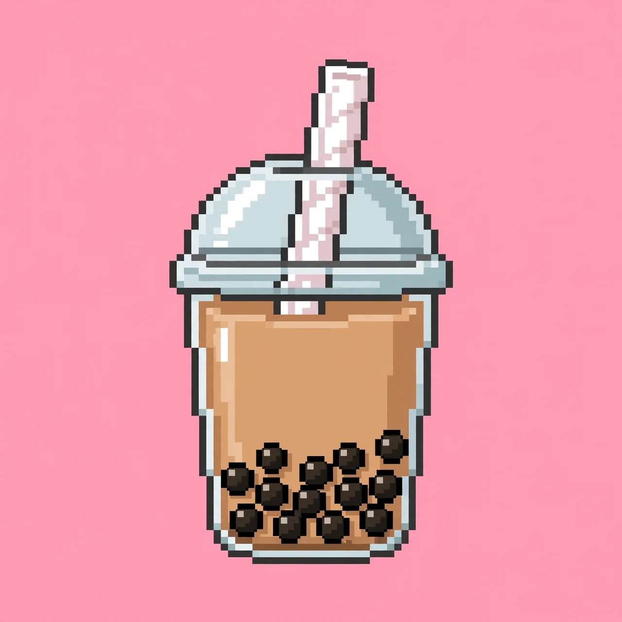16-bit pixel art boba tea cup with tapioca pearls and a straw on a solid pink background