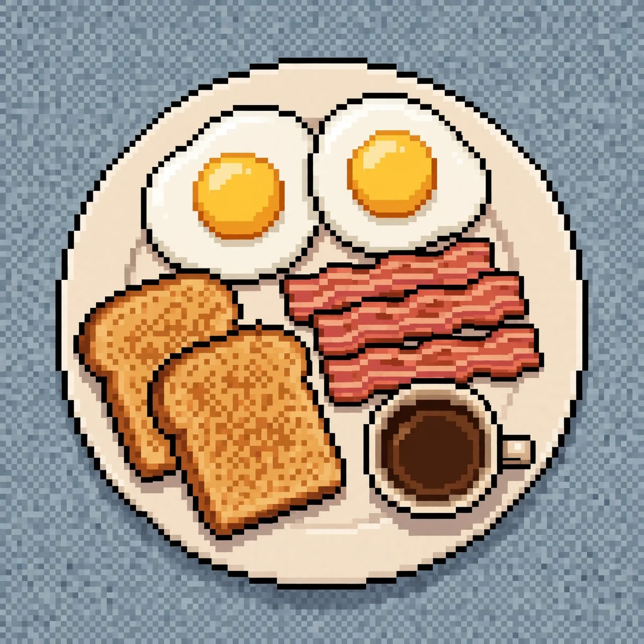 Top-down 16-bit pixel art of a breakfast plate with eggs, bacon, toast, and a small coffee cup.