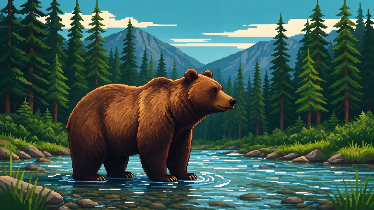 16-bit pixel art of a side-profile brown bear standing in a shallow forest river