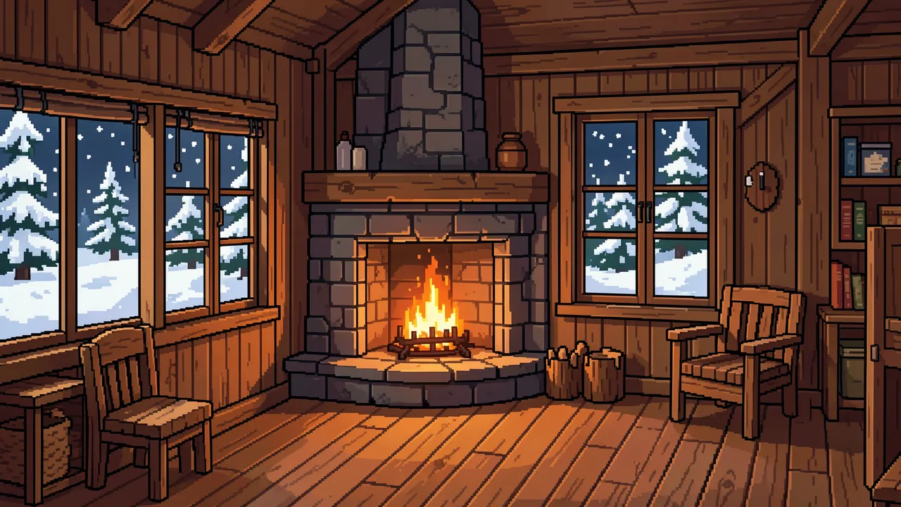 Cozy 16-bit pixel art cabin interior with a crackling fireplace and snow falling outside the windows