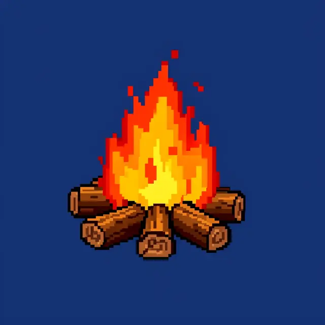 Retro 16-bit pixel art campfire with stacked logs and orange flames on a solid dark blue background