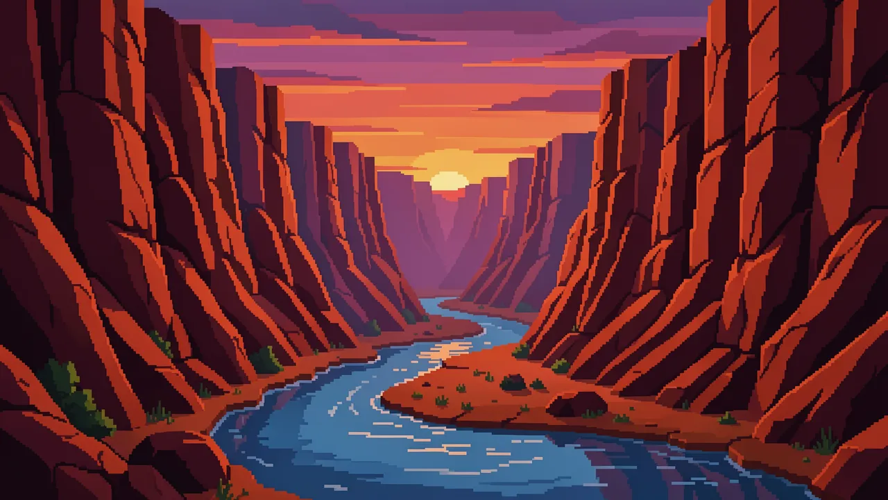 16-bit pixel art view of a red rock canyon with a winding river under a sunset dusk sky